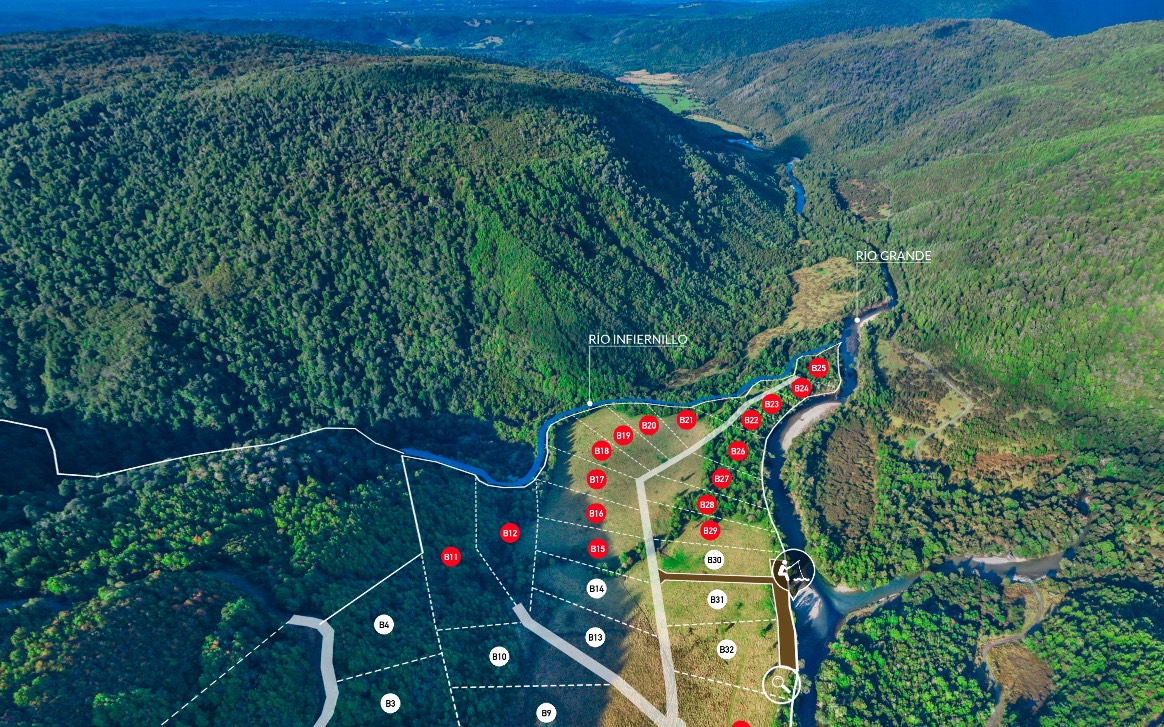 Vista aérea de un loteo de parcelas entre bosque nativo y ríos